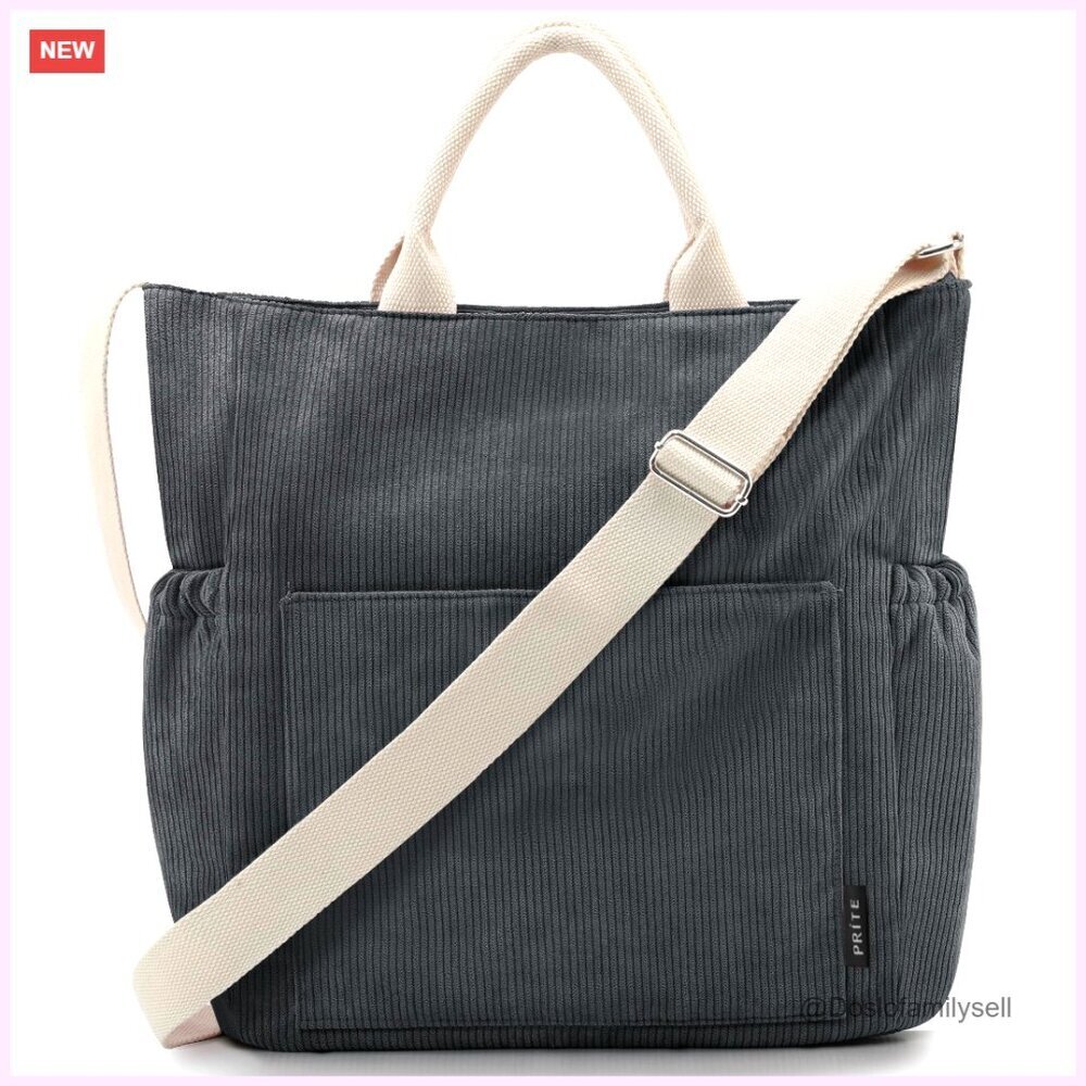 Large Corduroy Tote Bag with Pockets, Crossbody Hobo Shoulder Bag for Work